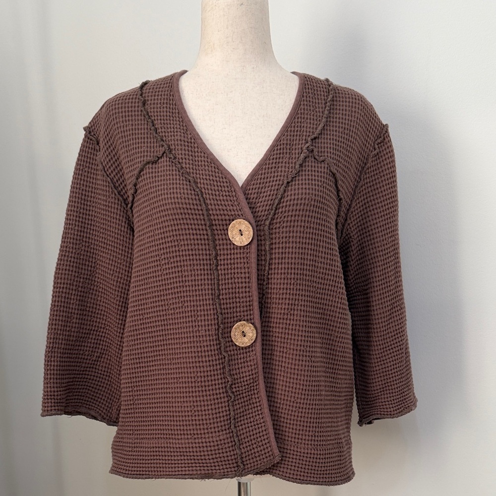 Lulu-B Waffle Knit Button Cardigan in Chocolate Brown